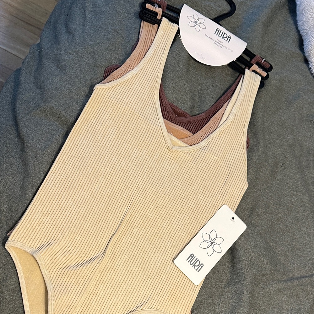 Aura Women's Ribbed Bodysuit - Cream Light Brown, & Dark Brown